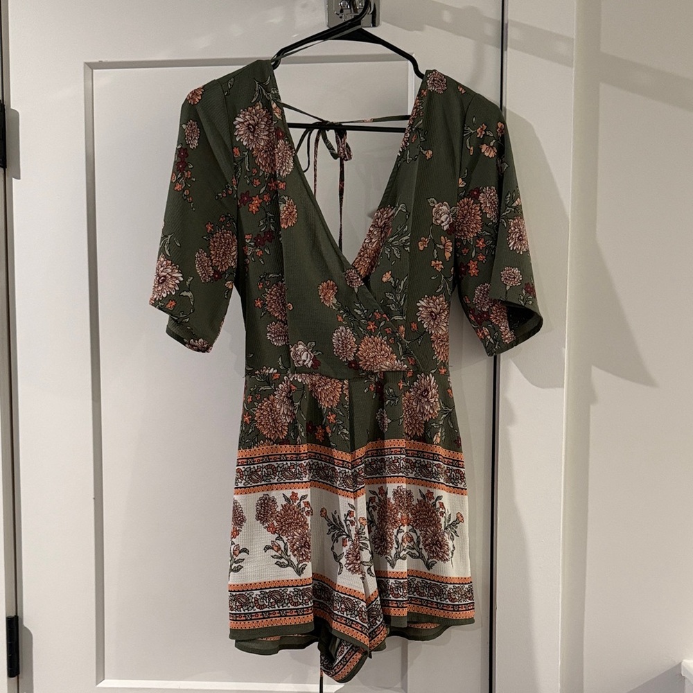 Blue Rain Olive Floral Wrap Romper with Pink Accents